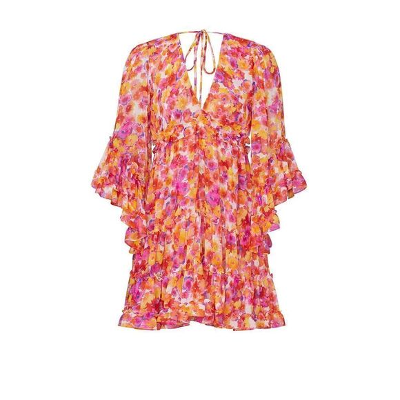 MISA Los Angeles Yasemin Bright Pink Orange Yellow Floral Chiffon Bell Sleeve Mi - Picture 16 of 16